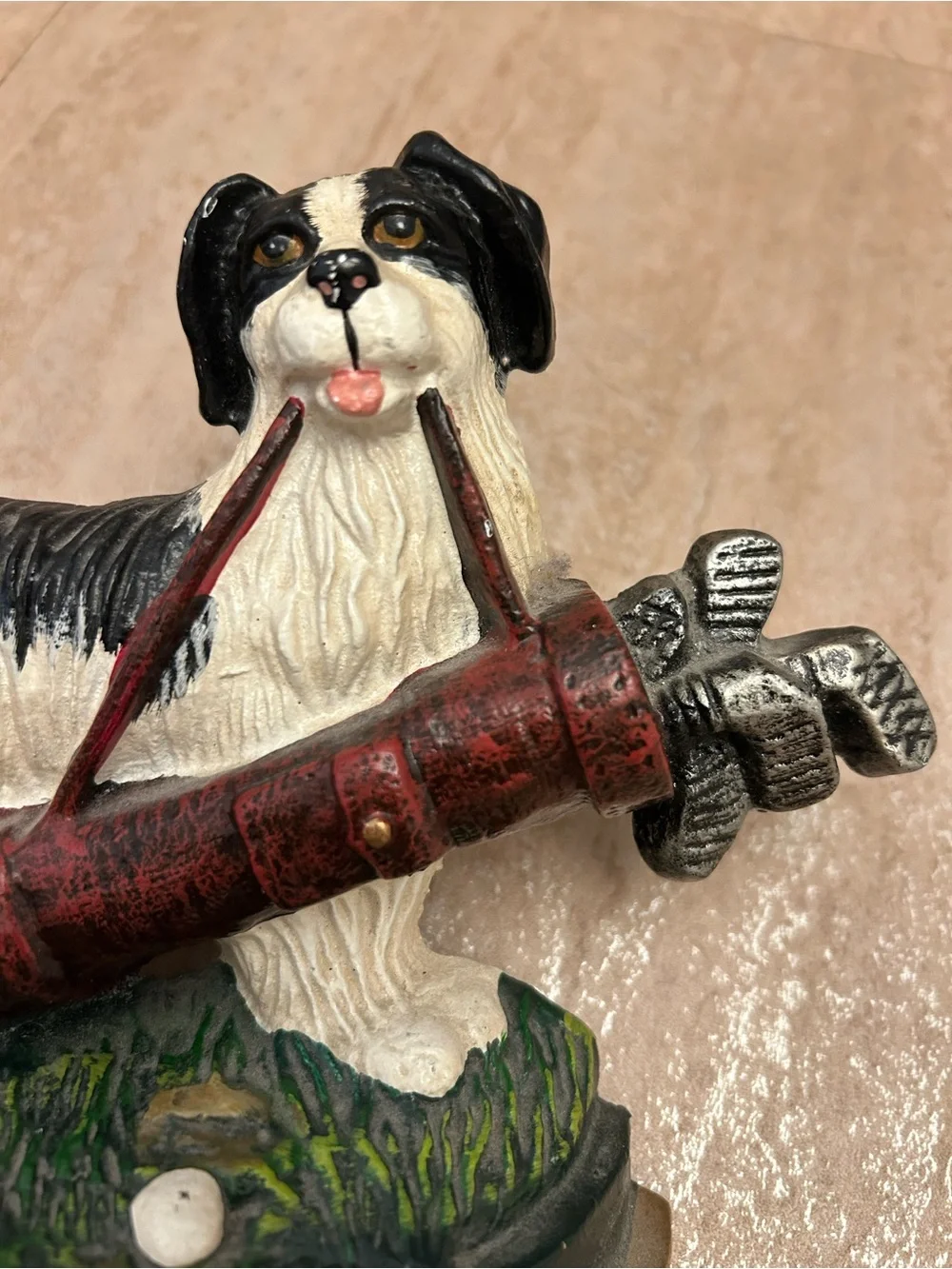 Cast Iron Door Stop Black/ White Dog Acting As A Golf Caddy